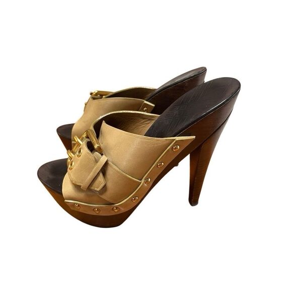 Burberry Olive Green Leather Gold Buckle Platform Stiletto Heels EU 39 US 8 - Picture 3 of 15